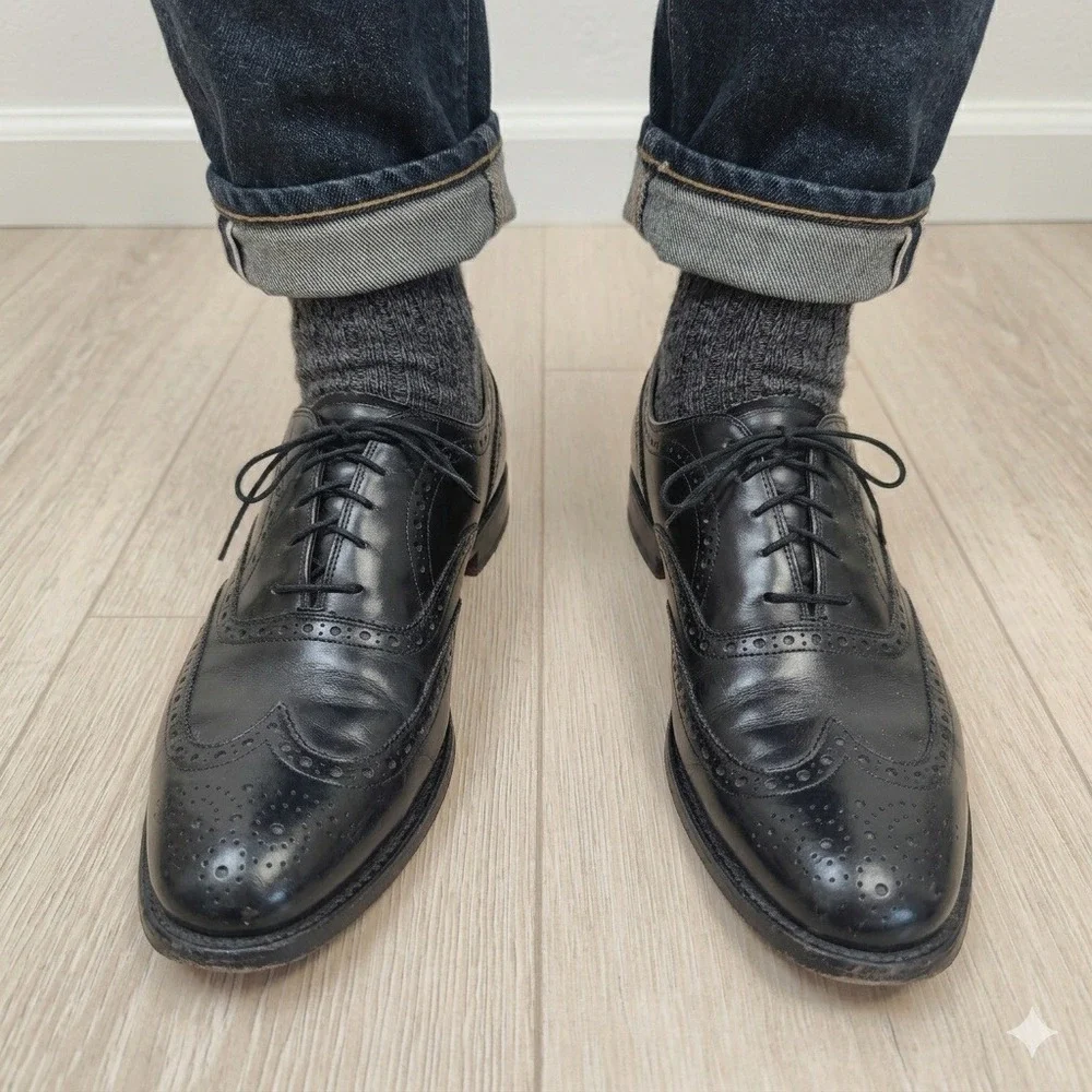 Johnston & Murphy Aristocraft Mens‎ Shoes 11 Black Wingtip Oxford Brogue Leather